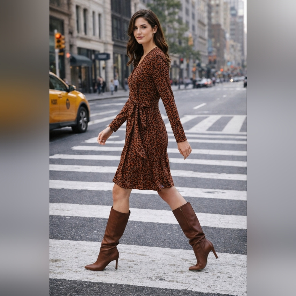 Bershka Brown Leopard Print Long-Sleeve Wrap Dress